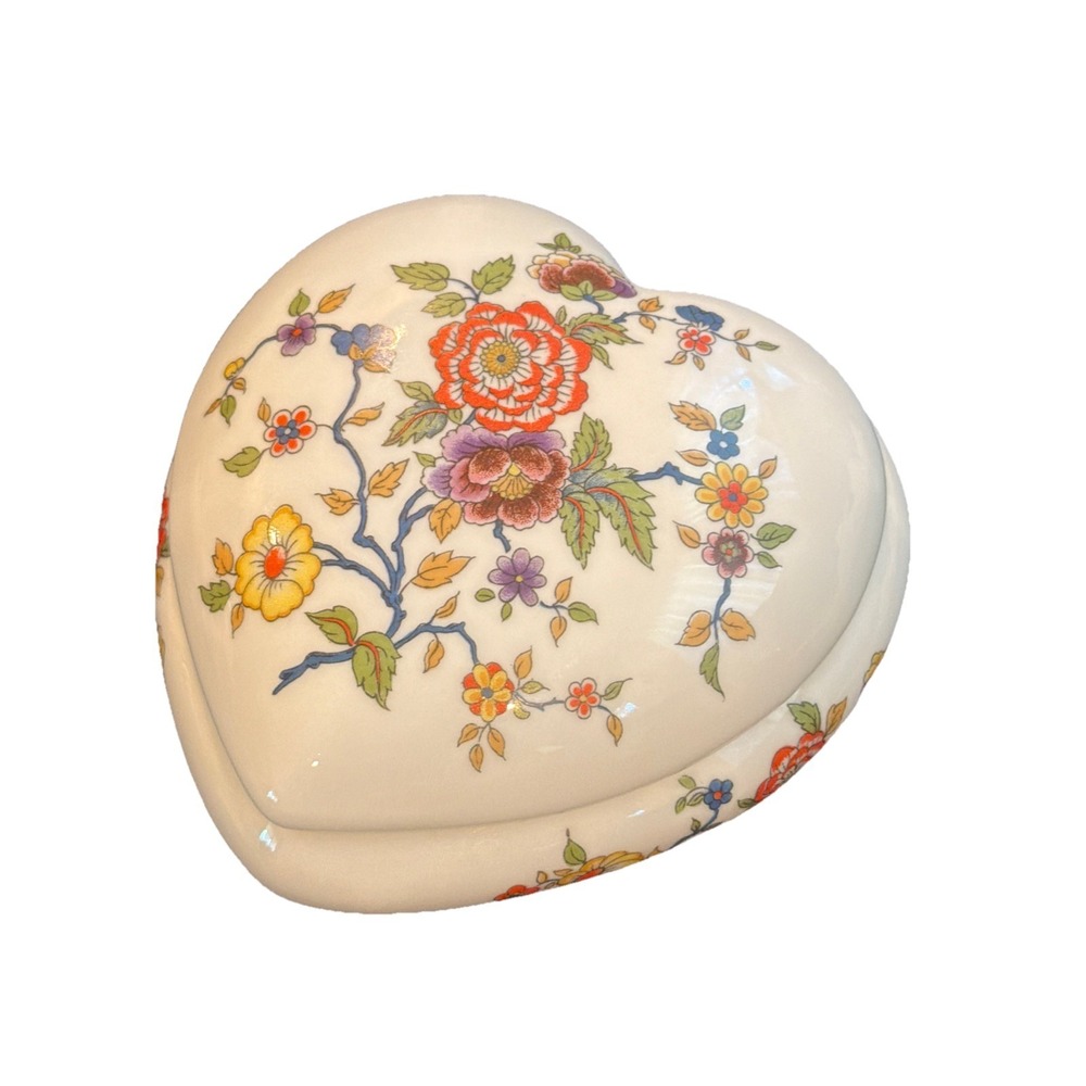 Vtg Limoges Heart Shaped Hand Painted Flowers Porcelain Trinket Box‎ 5"